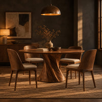 Round dining table with a twisted hourglass pedestal in a dark dining room at golden hour