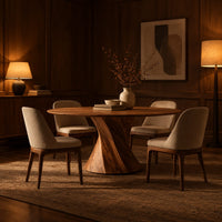 Round dining table with a twisted hourglass pedestal in an evening dining room with walnut wall paneling
