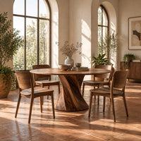 Round dining table with a twisted hourglass pedestal in a bright dining room with arched windows and plants