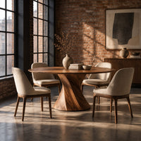 Round dining table with a twisted hourglass pedestal in an industrial loft dining room with exposed brick