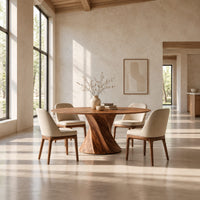 Round dining table with a twisted hourglass pedestal in a bright open plan dining room