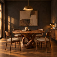 Round dining table with a twisted loop pedestal base in a dark dining room at golden hour