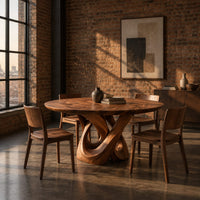 Round dining table with a twisted loop pedestal base in an industrial loft dining room with exposed brick