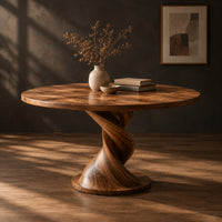 Round dining table with a twisted pedestal and disc base, three-quarter view showing the grain