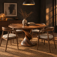 Round dining table with a twisted pedestal and disc base in a dark dining room at golden hour