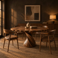 Circular dining table with twisted pedestal base and rippled edge in a dark dining room at golden hour