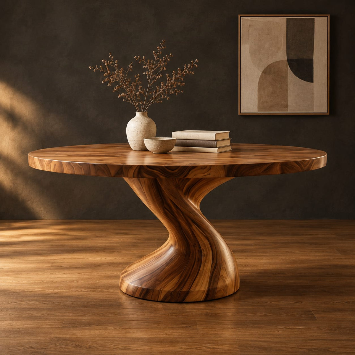 Round dining table on a single twisted pedestal in a dark studio against a charcoal plaster wall