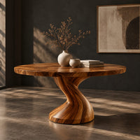 Round dining table on a single twisted pedestal, three-quarter view showing the grain