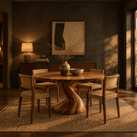 Round dining table on a single twisted pedestal in a dark dining room at golden hour