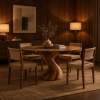 Round dining table on a single twisted pedestal in an evening dining room with walnut wall paneling