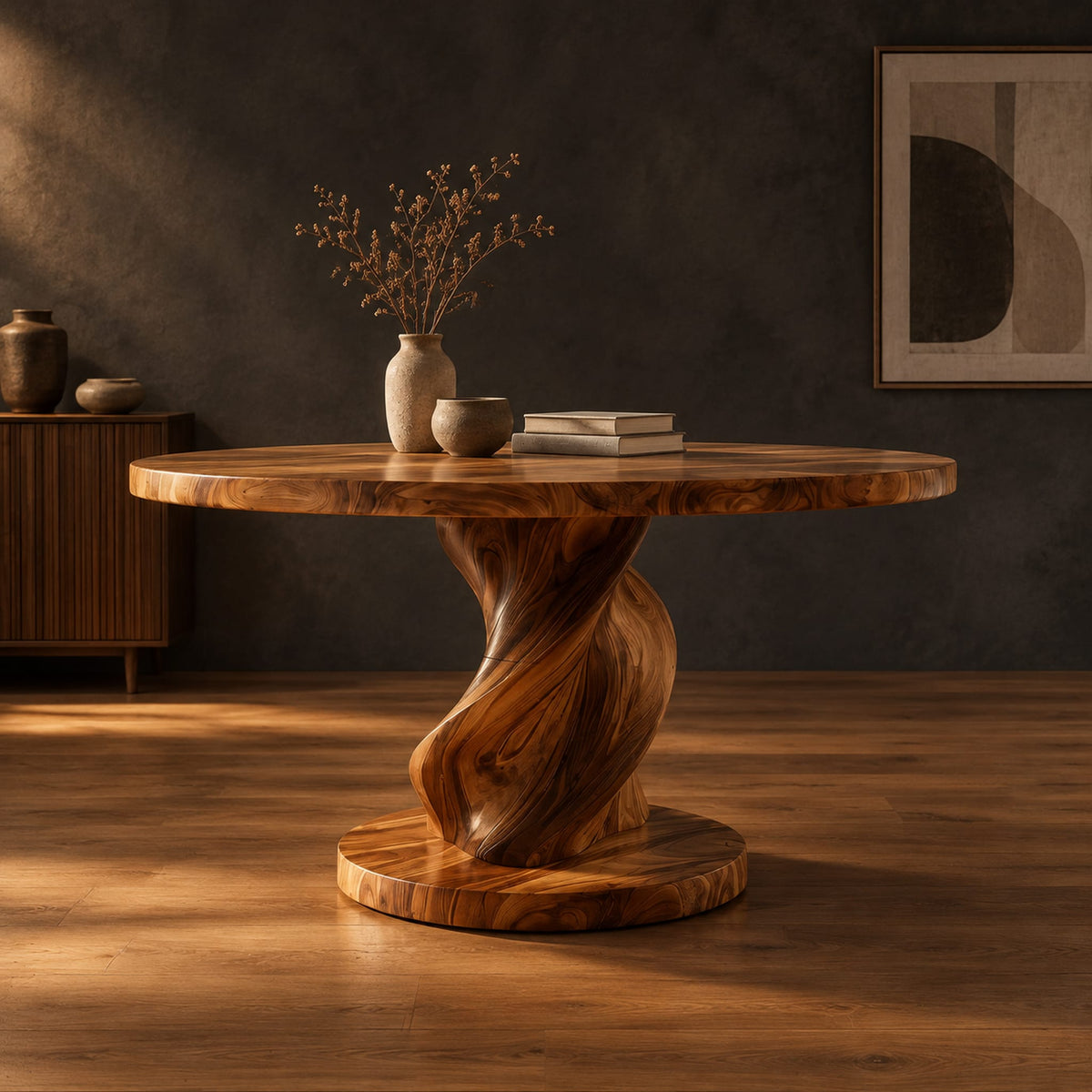 Round dining table with a spiral twisted pedestal on a thick disc base in a dark studio against a charcoal plaster wall
