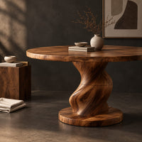 Corner detail of round dining table with a spiral twisted pedestal on a thick disc base beside wood, brass and linen samples