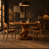 Round dining table with a spiral twisted pedestal on a thick disc base in a dark dining room at golden hour