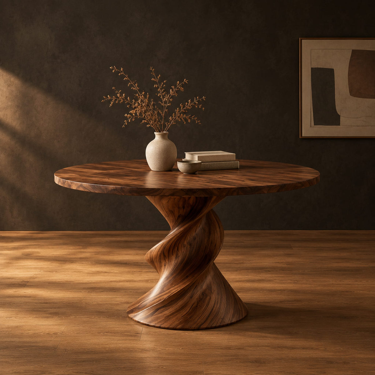 Round dining table with a twisted sculpted pedestal base in a dark studio against a charcoal plaster wall