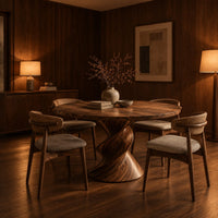 Round dining table with a twisted sculpted pedestal base in an evening dining room with walnut wall paneling
