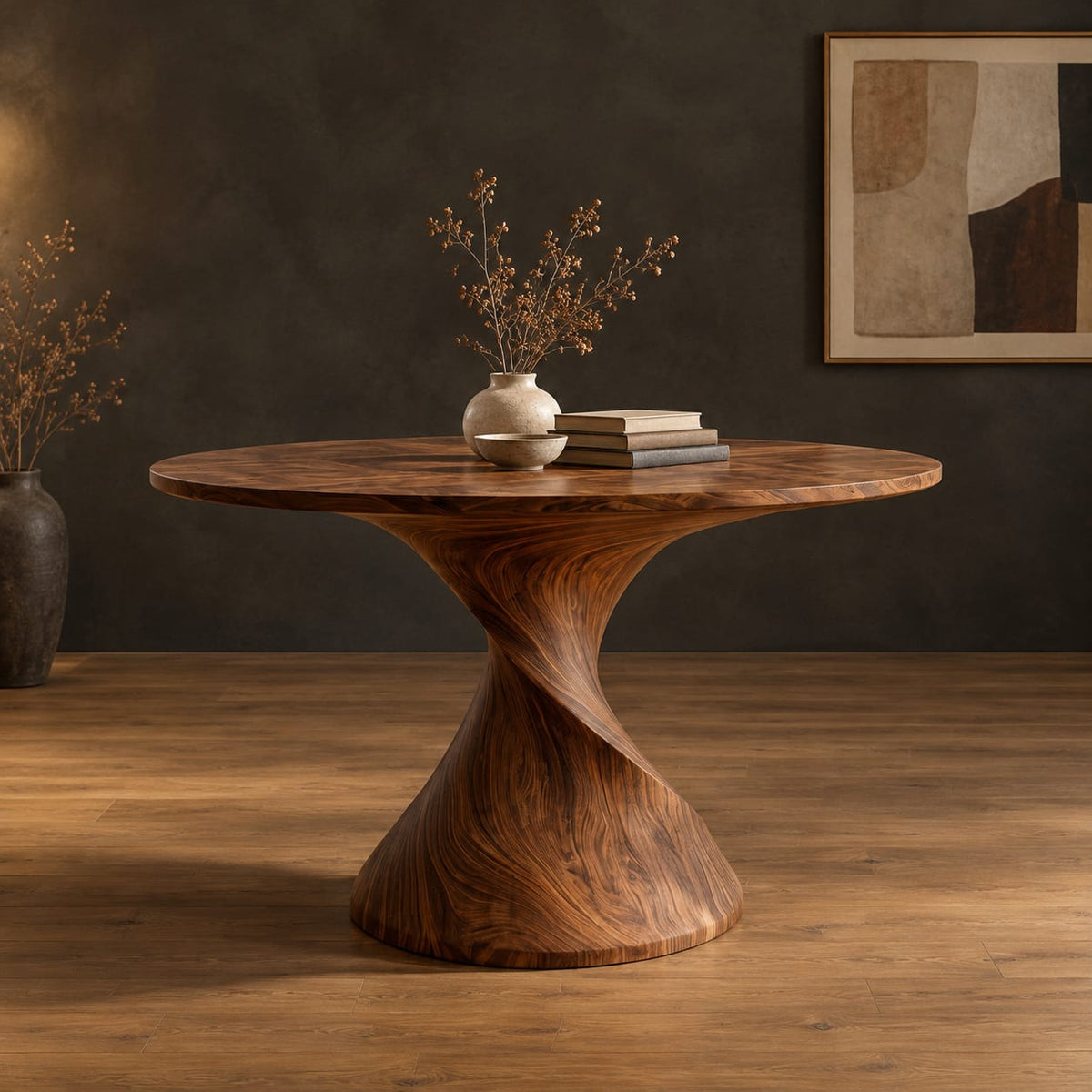 Round dining table on a twisted spiral pedestal in a dark studio against a charcoal plaster wall