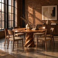 Round dining table with a twisted spiral pedestal base in an industrial loft dining room with exposed brick