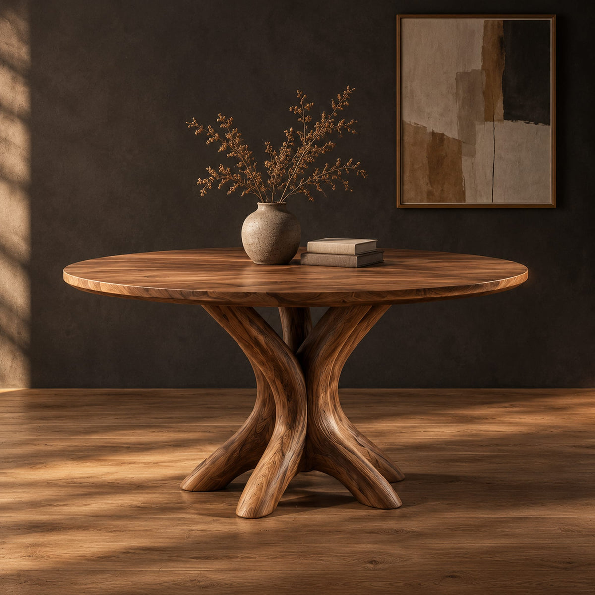 Circular dining table with a pedestal of twisting branch shaped limbs in a dark studio against a charcoal plaster wall