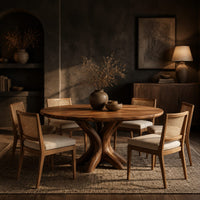 Circular dining table with a pedestal of twisting branch shaped limbs in a dark dining room at golden hour