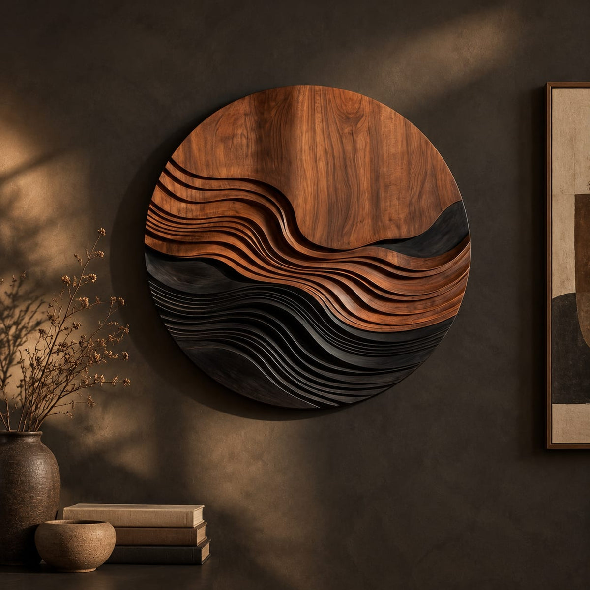 Round wall art with stepped wave ridges in two tones on a dark charcoal plaster wall