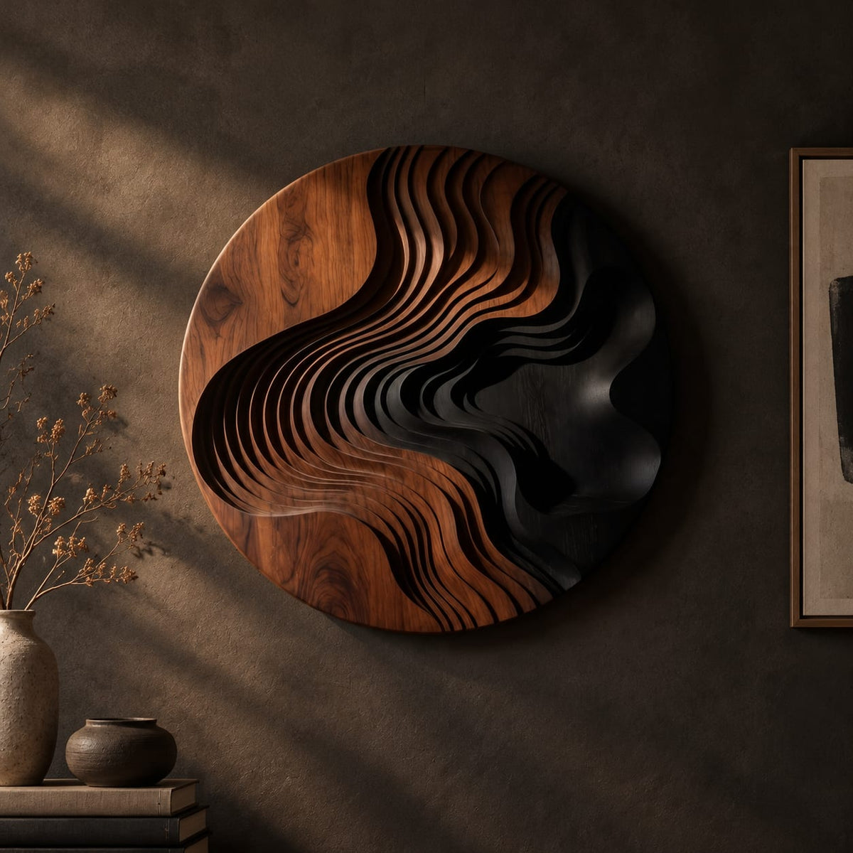 Round wall art with layered wave ridges and a dark hollow on a dark charcoal plaster wall
