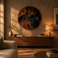 Round wall art with layered wave ridges and a dark hollow above a low console in an evening living room