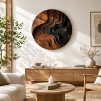 Round wall art with layered wave ridges and a dark hollow in a bright sunroom with green plants
