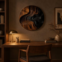 Round wall art with layered wave ridges and a dark hollow above a desk in a dark study corner