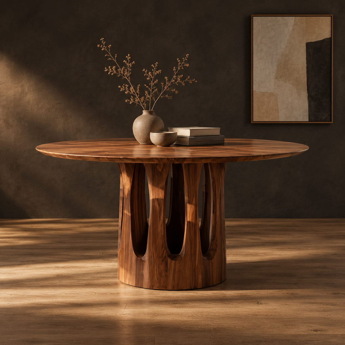 Round pedestal dining table with tall arched slots in the base in a dark studio against a charcoal plaster wall