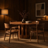 Round pedestal dining table with tall arched slots in the base in an evening dining room with walnut wall paneling