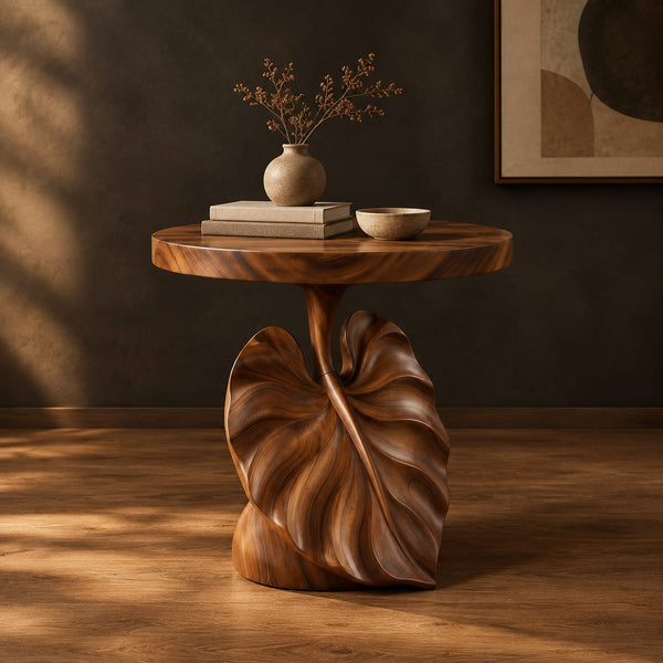 Round Side Table With Carved Leaf Pedestal Base