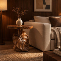 Round side table on a pedestal carved like a large leaf in an evening living room with walnut wall paneling