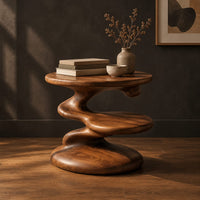 Circular side table with a spiral stem, middle shelf disc and wide base, three-quarter view showing the grain