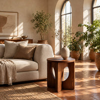 Round side table with a panel base and tall oval cutouts in a bright living room with arched windows and plants