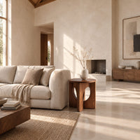 Round side table with a panel base and tall oval cutouts in a bright open plan living room