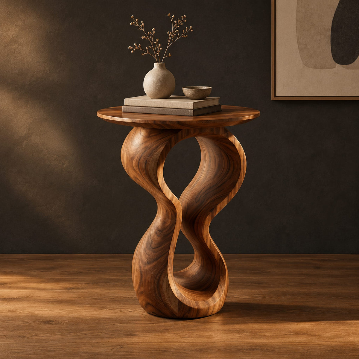 Round wood side table on a twisted figure eight pedestal in a dark studio against a charcoal plaster wall