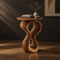 Round wood side table on a twisted figure eight pedestal, three-quarter view showing the grain