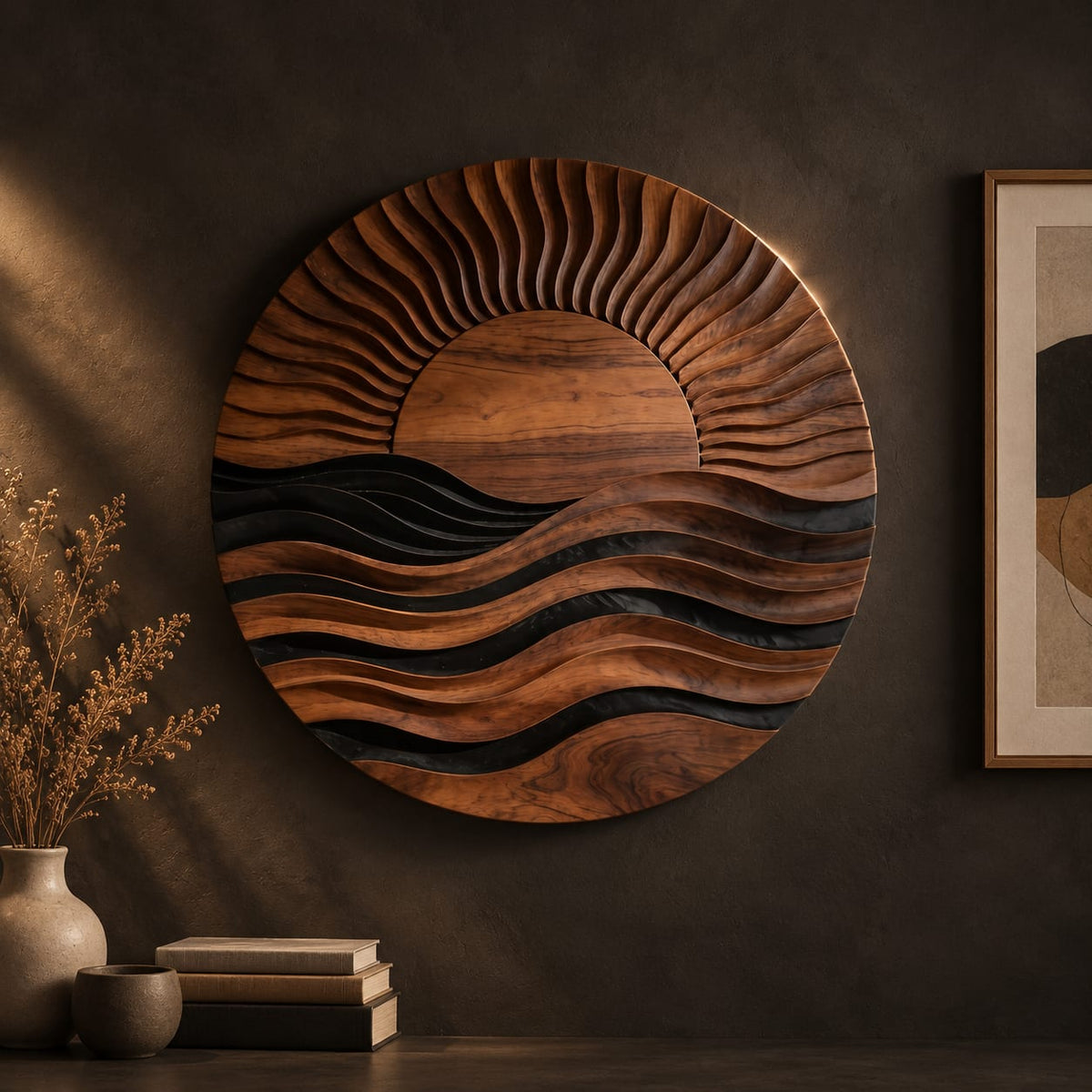 Round wall art of a sun setting over layered waves on a dark charcoal plaster wall