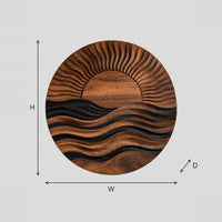 Round Sunset Wall Art with Carved Sun Rays and Waves dimension diagram with width and height