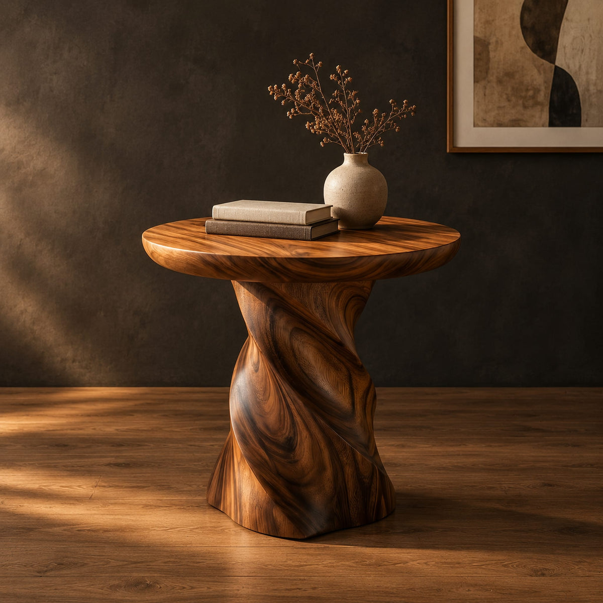 Side table with a circular top on a twisted spiral pedestal in a dark studio against a charcoal plaster wall