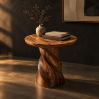 Side table with a circular top on a twisted spiral pedestal, three-quarter view showing the grain