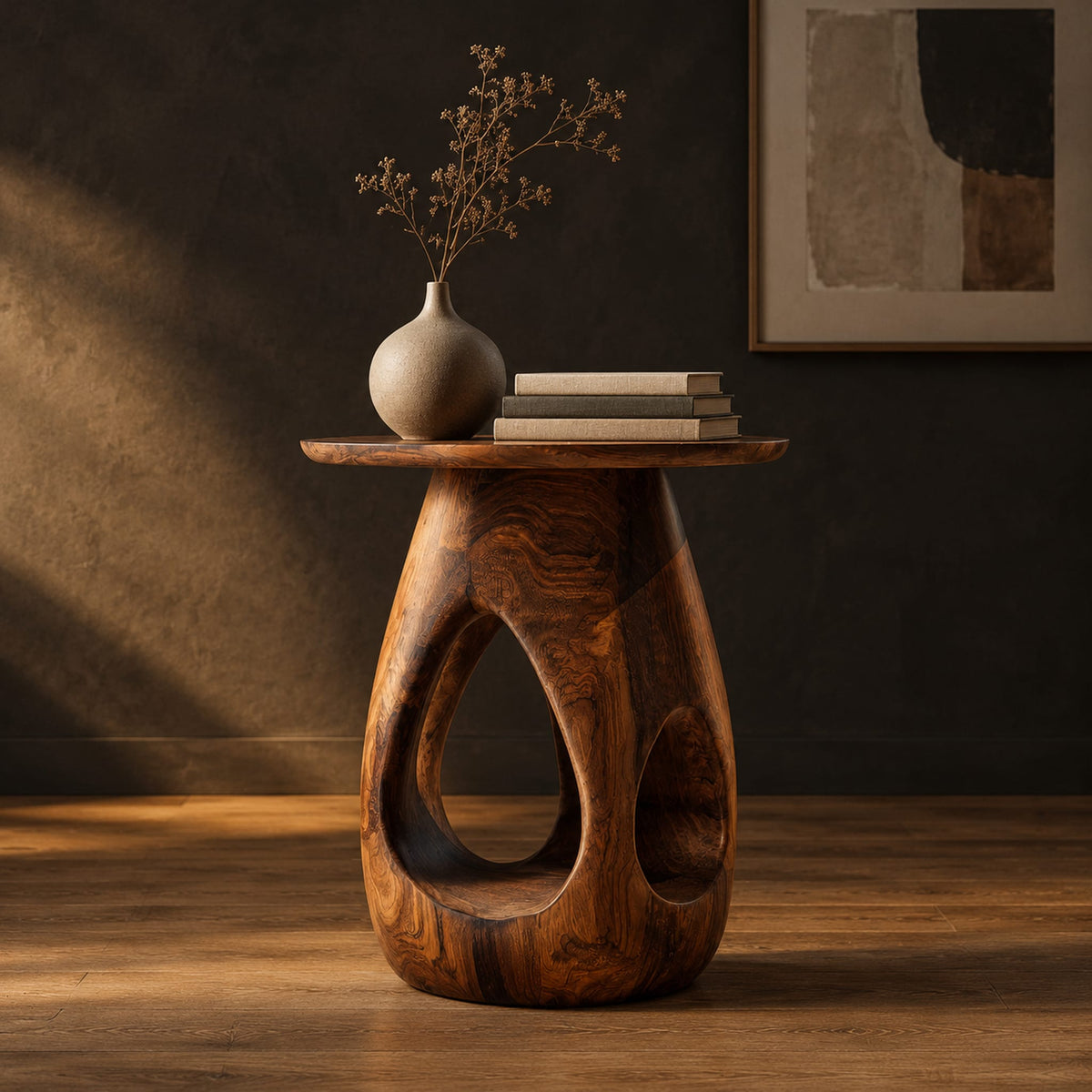 Round side table with teardrop cutouts in a pear shaped pedestal in a dark studio against a charcoal plaster wall