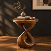 Side table with a circular top and a twisted figure eight pedestal base, three-quarter view showing the grain