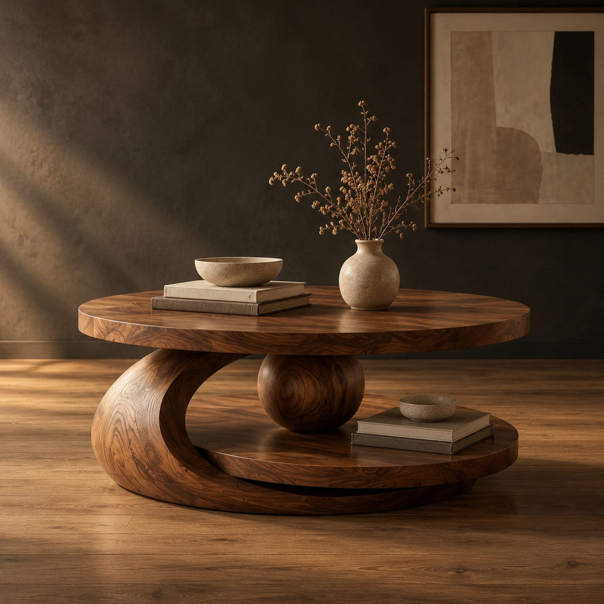 Round two tier coffee table with a wooden sphere and crescent shaped support in a dark studio against a charcoal plaster wall