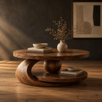 Round two tier coffee table with a wooden sphere and crescent shaped support in a dark studio against a charcoal plaster wall