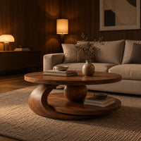 Round two tier coffee table with a wooden sphere and crescent shaped support in an evening living room with walnut wall paneling