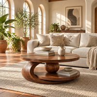 Round two tier coffee table with a wooden sphere and crescent shaped support in a bright living room with arched windows and plants