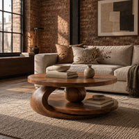 Round two tier coffee table with a wooden sphere and crescent shaped support in an industrial loft living room with exposed brick