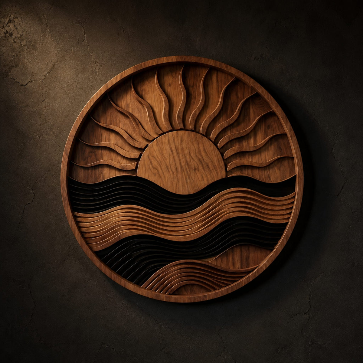 Circular carved sun and wave wall art with dark and natural wood bands on a dark charcoal plaster wall
