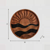 Round Wall Art With Carved Sun Rays Over Dark Wave Bands dimension diagram with width and height
